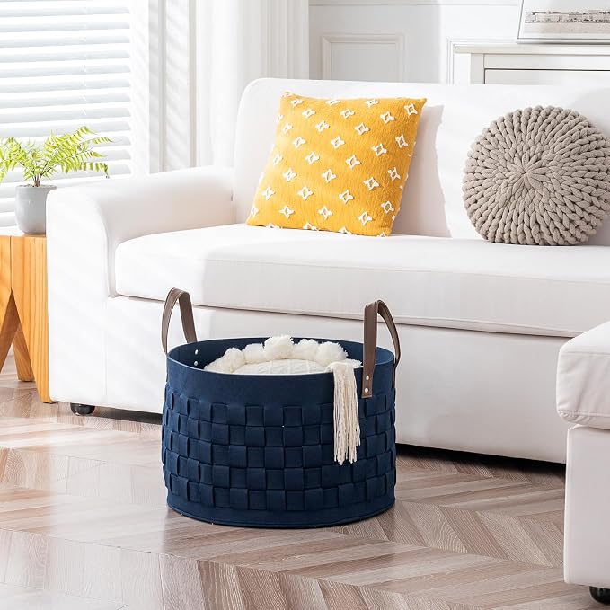 BOLDMONKEY Laundry Basket 20" x20 " x11.8 ",Extra Large Round Blanket Basket with Leather Handle, Felt Storage Basket for Living Room, Nursery, Dog Toys-Navy Blue