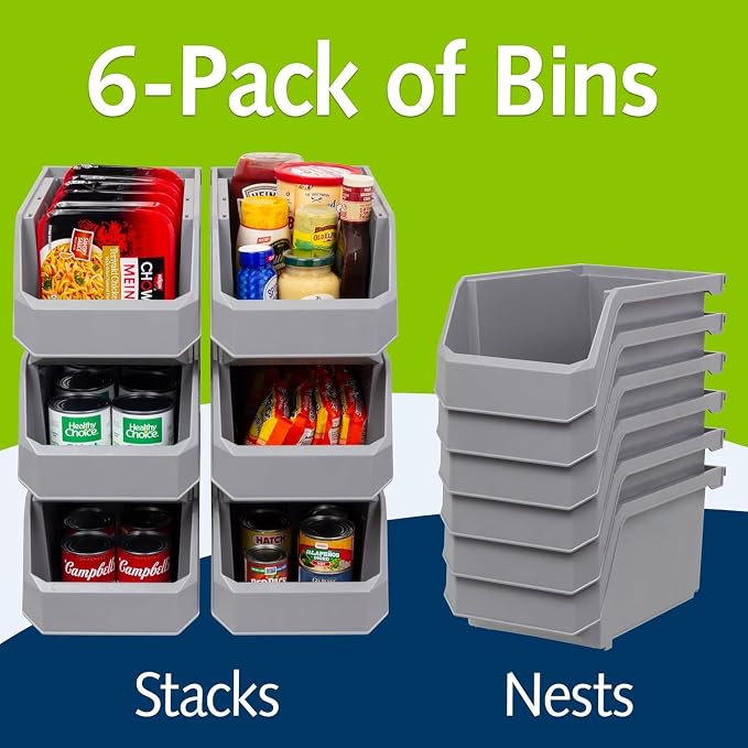 Large Stackable Plastic Storage Bins, 6-Pack, Grey | Open-Front Stackable Bins For Garage, Pantry, Closet & Office, 14,8"L X 8"W X 7"H, Nests When Empty, Durable Plastic,