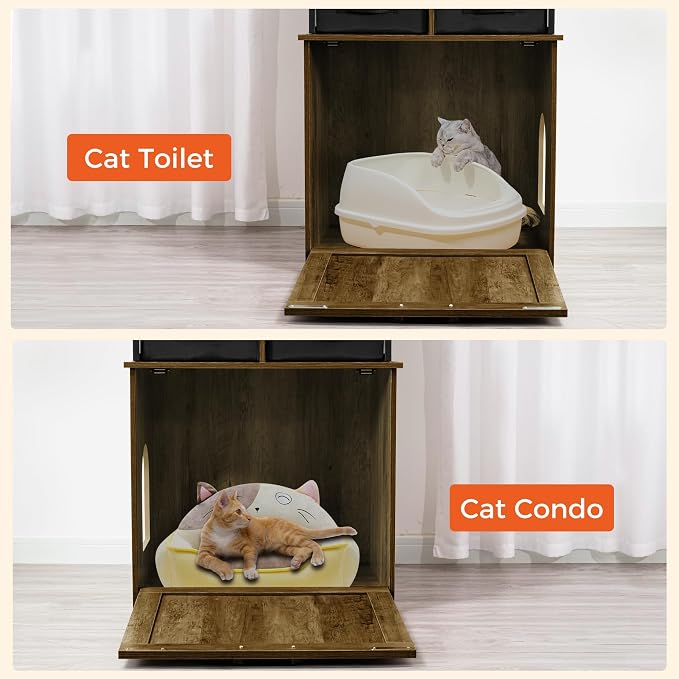 Dwanton Cat Litter Box Enclosure, 2 Storage Shelves and 2 Drawers, 50" H | 2-in-1 Hidden Cat Litter Box Enclosure Furniture with Shelf, Metal Frame, Reversible Entrance, Washable Drawers, Warm Brown