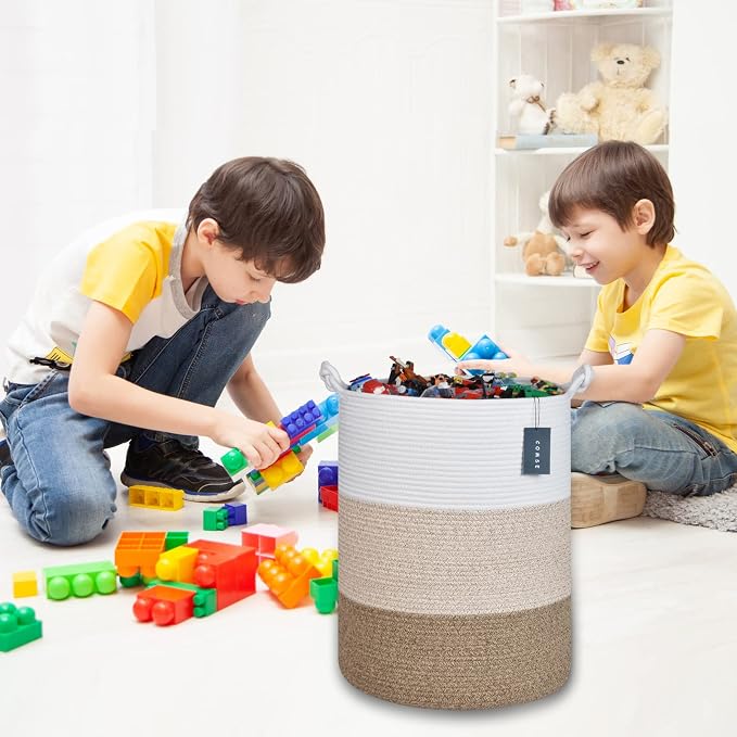 COMSE Tall Woven Blanket & Laundry Basket, 72L, White & Gradient Brown | 15.7”x 21.7”, Cotton Rope, Large Nursery Hamper for Storage of Toys Clothes Towels, Great for Living Rooms Bedrooms Bathrooms