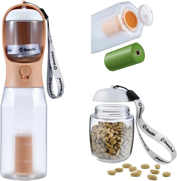 Cibaabo Dog Water Bottle with Food Container & Poop Bag Holder & Filter | Feeding & Hydration & Waste All in One | Travel Puppy Water Bowl | Portable Pet Dispenser | Girl Dog Accessories for Walking