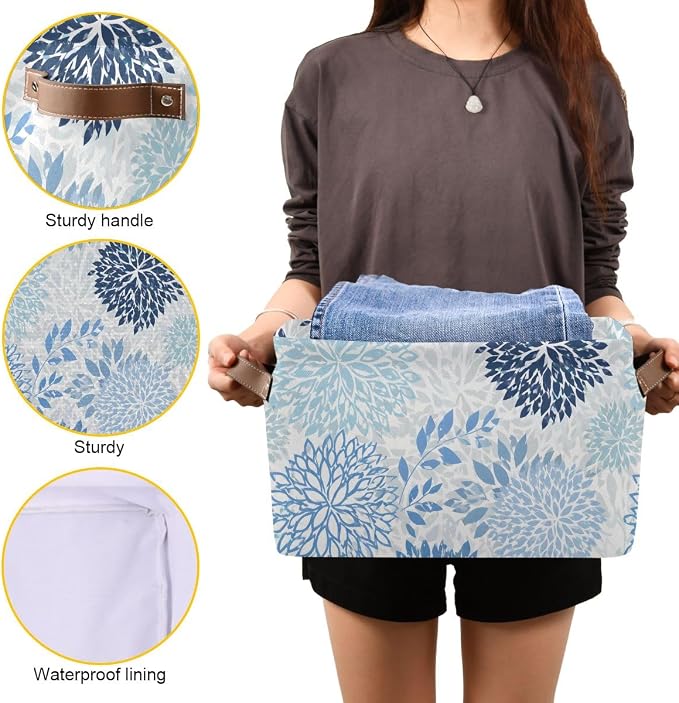 susiyo Large Foldable Storage Bin Blue Navy Chrysanthemum Flowers Fabric Storage Baskets Collapsible Decorative Baskets Organizing Basket Bin with PU Handles for Shelves Home Closet Bedroom-2Pack