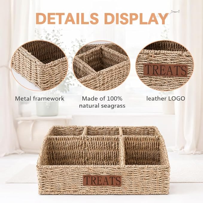 Bratod Dog Storage Organizer Wicker Basket,Dog Treat Container Bin for Countertop,Pet Treats Box with Dividers,Dog Cat Can Food Storage Bin,Pet Treat Station-Natural Woven Seagrass