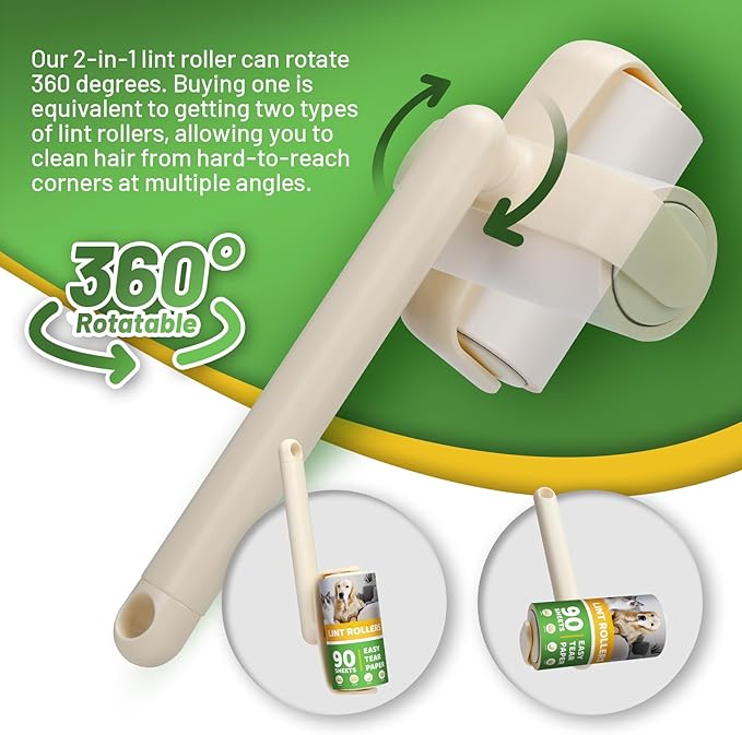 Lint Roller 2-in-1 Rotatable Handle Pet Hair Remover for Laundry Dog Hair, Cat Hair, Animal Fur, Fuzz Extra Sticky Roller for Couch, Clothes, Furniture and Carpet (4 Pack)