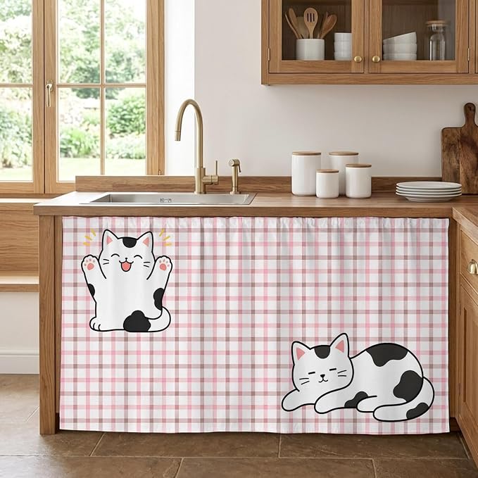 Cute Cat Sink Skirt for Bathroom, Self-Adhesive Under Sink Curtain, Pink Brown Checked Modern Pet Cats Rustic Hide Pipes & Storage Fabric Cabinet Skirt Cover for Kitchen Laundry 32"x55"