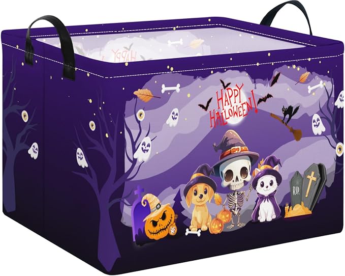 Purple Spooky Night Halloween Basket with Kitten Puppy Ghost Prints,Trick or Treat Storage basket for Gifts and Party Stuffers(Kitten Puppy Skeleton)