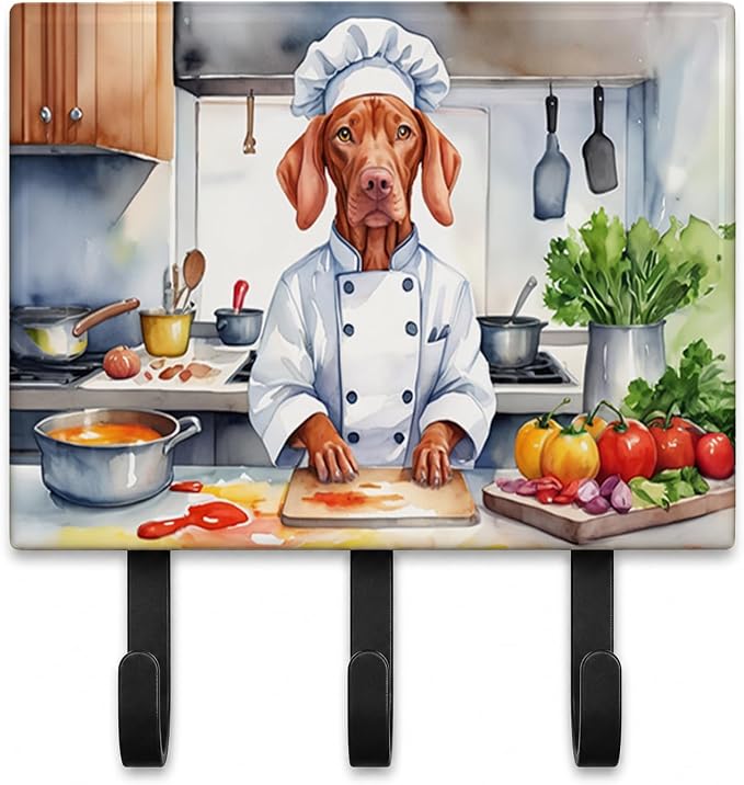 Caroline's Treasures Vizsla The Chef Leash or Key Holder Wall Hooks, Key Hooks Holder, Coat Rack Wall Mount, Coat Hooks, Hooks for Hanging Keys, Towels, Aprons, Leashes | Vizsla The Chef artwork on ceramic tile with three steel hooks for keys, leashes,...