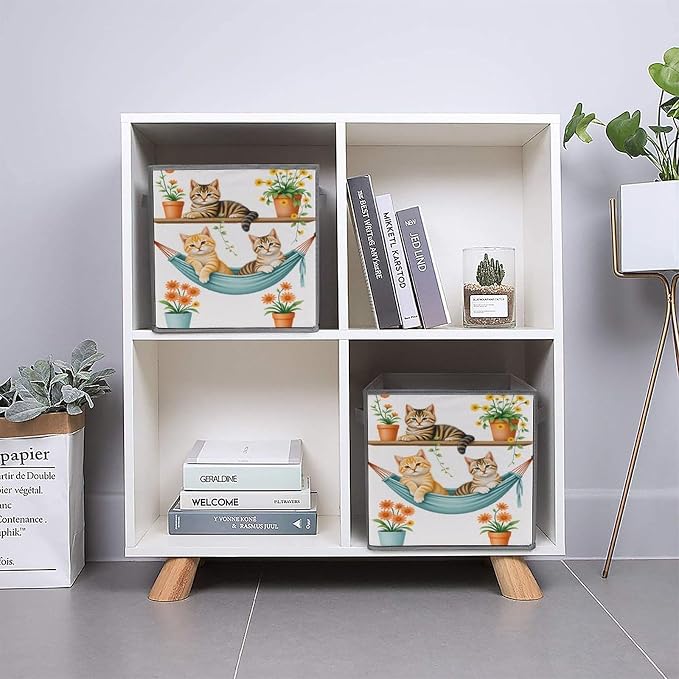 Animal Cat Flower Foldable Storage Bins, 10.6" Cube Storage Organizer, Sturdy Oxford Cloth Fabric Baskets for Closet, Shelf, Nursery, Bedroom, Decorative Printed Box for Toys & Clothes