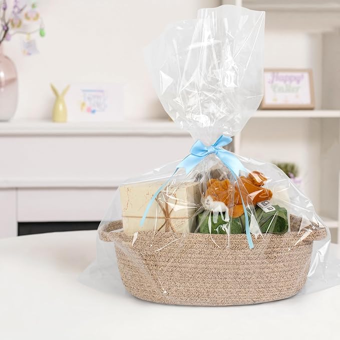 Brown Variegated Small Woven Basket, 13” x 9” x 5” Baskets for Gifts Empty, Cotton Rope Gift Basket, Cute Nursery Baby Organizer, Cat Dog Toy Bin Box, Wicker Storage Bin with Handle