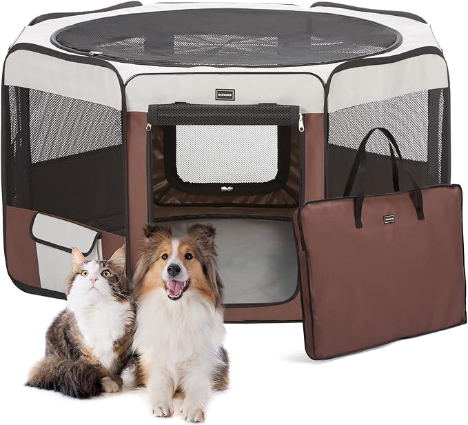 Dog Playpen 46" Portable Pet Play Pens for Small Medium Dogs, Foldable Exercise Kennel Tent Crate Indoor/Outdoor Travel Camping, Removable Top/Bottom (Brown, Large (46"x46"x23"), 8)