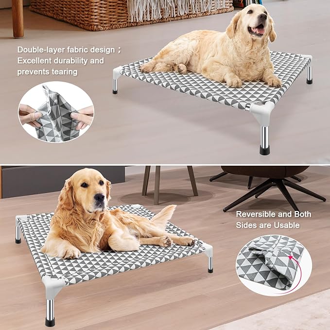 Kuntrust Elevated Outdoor Dog Bed, Medium Size, Cotton Material, Non-Slip Feet, Fits up to 70lbs | Breathable Fabric, Dual-Layer Cotton, Stainless Steel Frame, Anti-Slip Feet