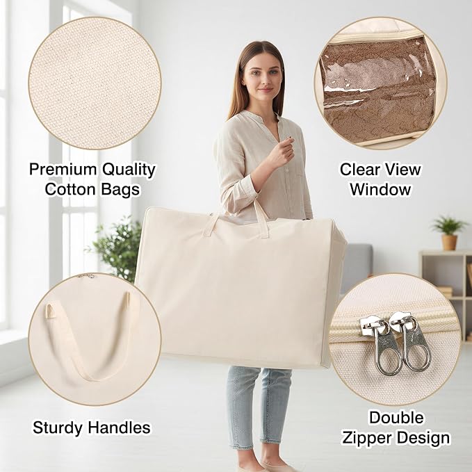 Comforter Storage Bags 70L Canvas Closet Organizer Clothes Container 4 Pack | Canvas Fabric, Reinforced Handles, Foldable Design, for Clothing Comforters Pillows and Toys, Dorm Bedroom and Closet Use