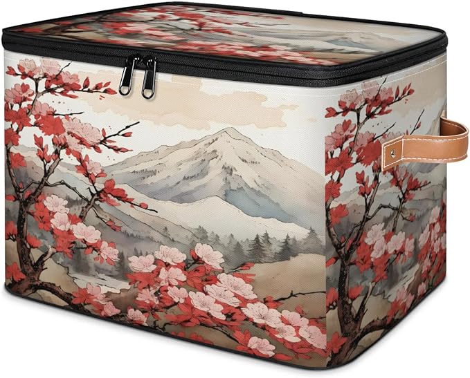 Storage Bins Japanese Cherry Blossoms Storage Basket with Zipper Lid & Handle Foldable Storage Box Storage Cube Bin Clothes Organizer for Closet, Bedroom