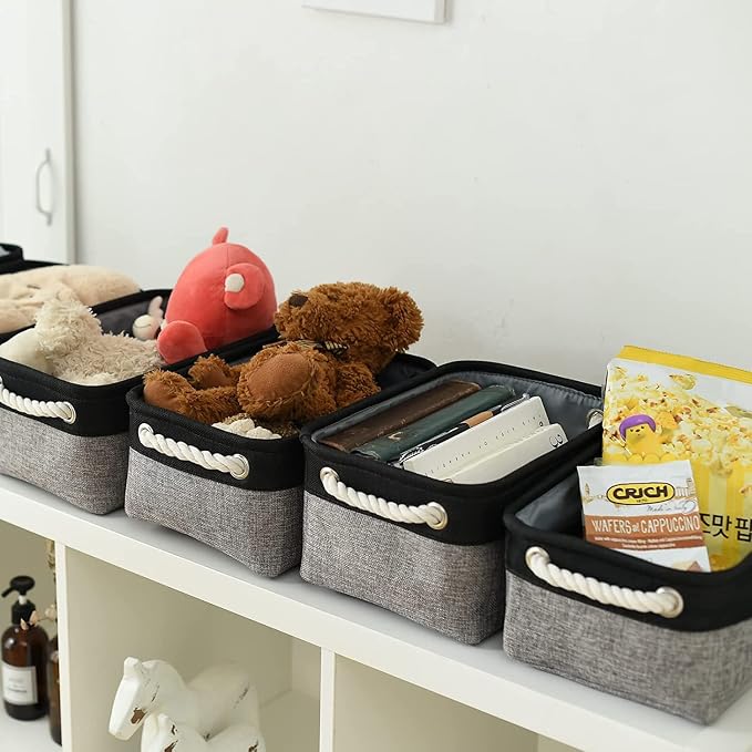Storage Basket for Organizing - 12x8x5.2 inch Small 6 Pack Collapsible Storage Bin for Shelves with Rope, Fabric Storage Cubes for Cloth Gift Toy Decorative Organizer (Black & Grey)