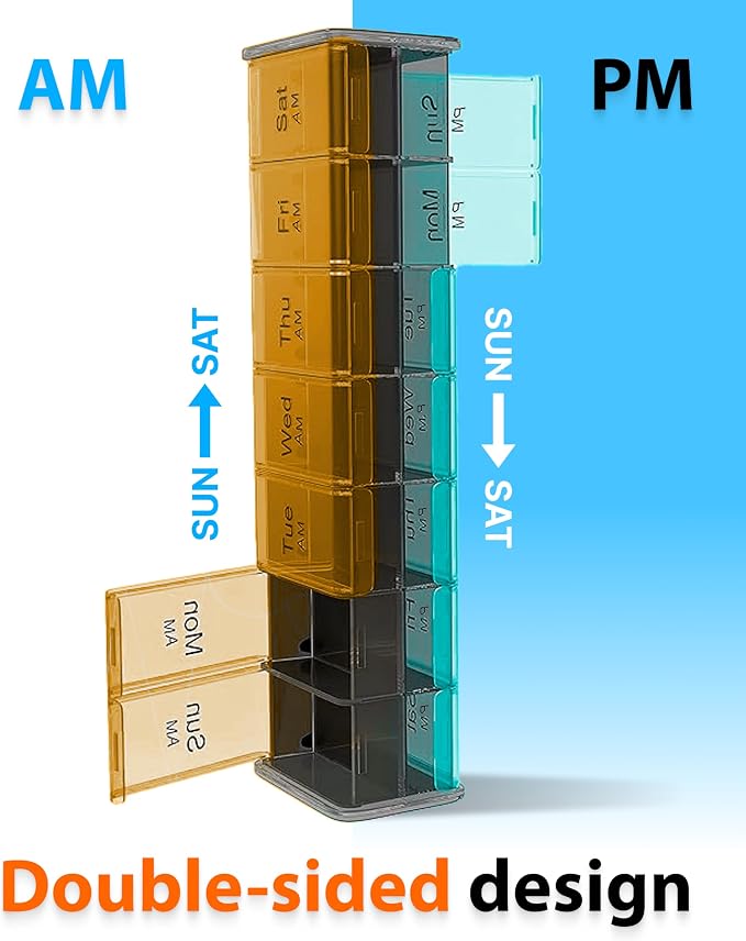 Extra Large Pill Organizer - XXL Vitamin Holder for Weekly Supplements - Double Sided Pill Box 7 Day with Big AM PM Compartments Huge Daily Medicine Dispenser 2 Times a Day Reliable and Easy-to-Use