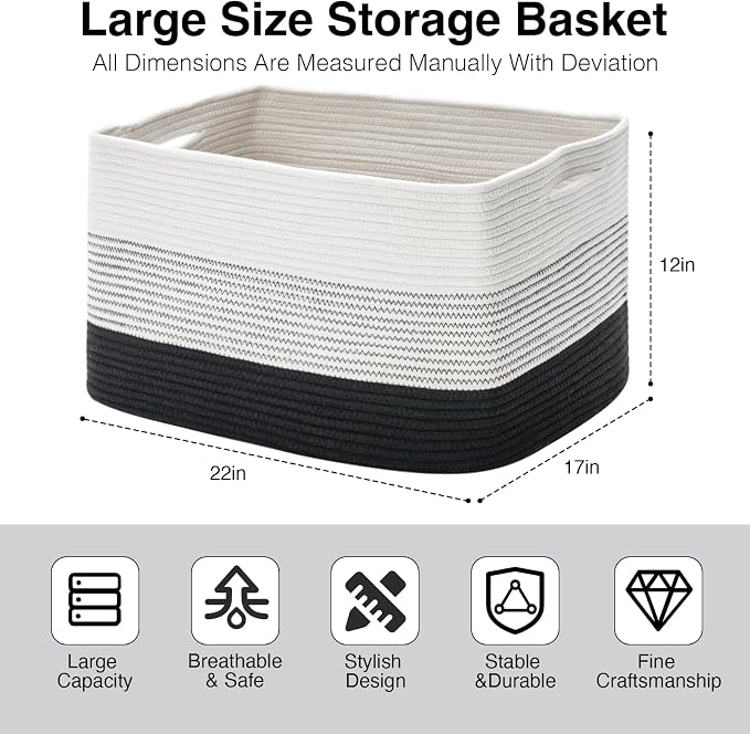 ICERZCZ Large Blanket Basket Living Room, Rectangle Toy Storage Basket, Large Baskets for Blankets, Woven Cotton Rope Baskets for Storage, Books, Shoes, Dirty Clothes, 22”x17”x12”, Gradient Black, 75L