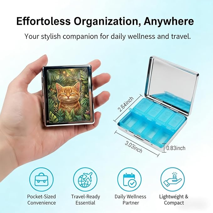Weekly Pill Organizer, Metal Pill Box with 8 Compartments, Small Travel Pill Case for Purse Pocket, Medicine Vitamin Supplement Organizer (Jungle Cat)