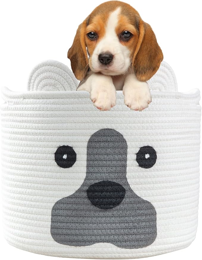Medium Dog Woven Baskets with Handle, Dog Toy Hamper, Cotton Rope Dog Toy Storage Baskets for Pet, Animal Basket for Kids, Baby Gift Baskets for Dog Lovers, White