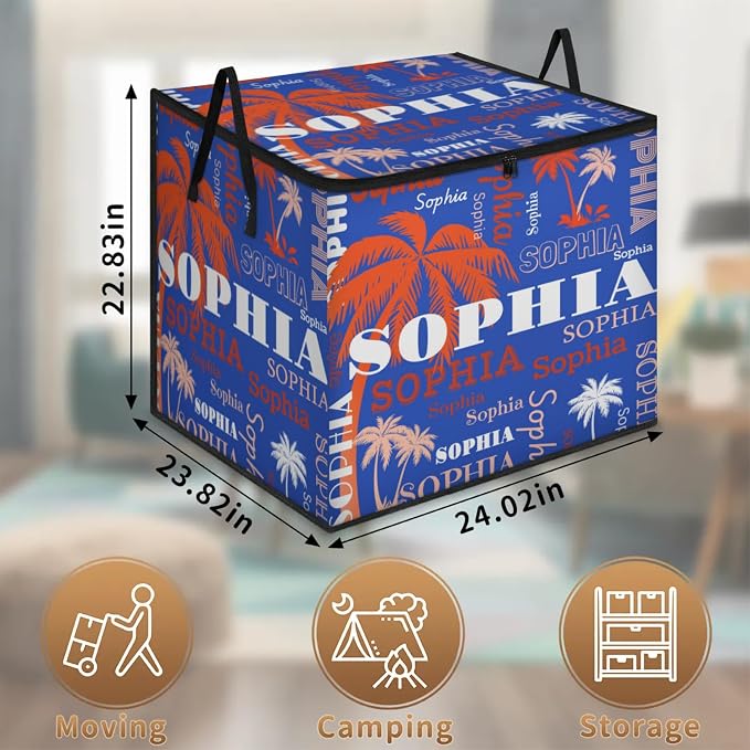 Personalized Summer Palm Trees Storage Bags with Lid Large Blanket Clothes Organization Storage Containers for Comforters,Bedding, Foldable Organizer, Orange White Names Navy Blue Background
