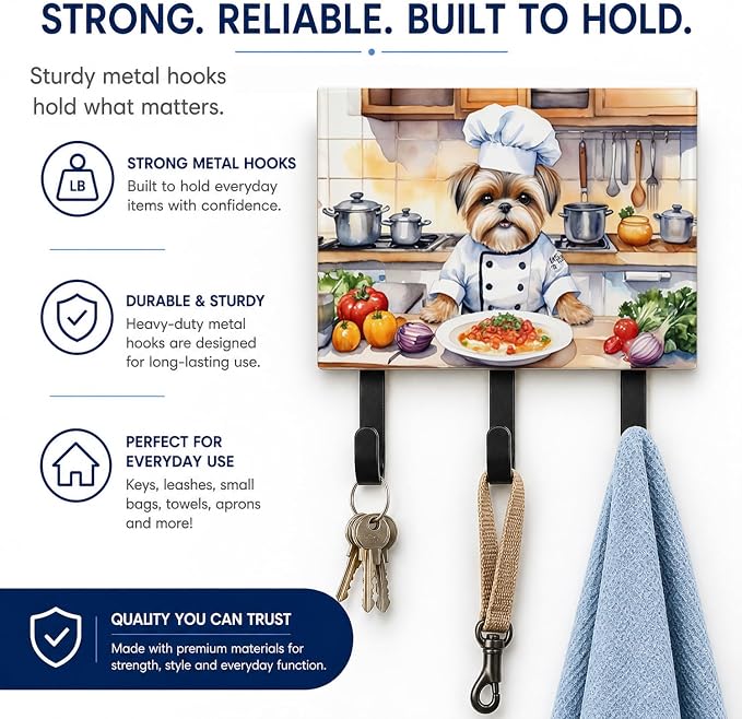 Caroline's Treasures Lhasa Apso The Chef Leash or Key Holder Wall Hooks, Key Hooks Holder, Coat Rack Wall Mount, Coat Hooks, Hooks for Hanging Keys, Towels, Aprons, Leashes | Lhasa Apso The Chef artwork on ceramic tile with three steel hooks for keys, ...