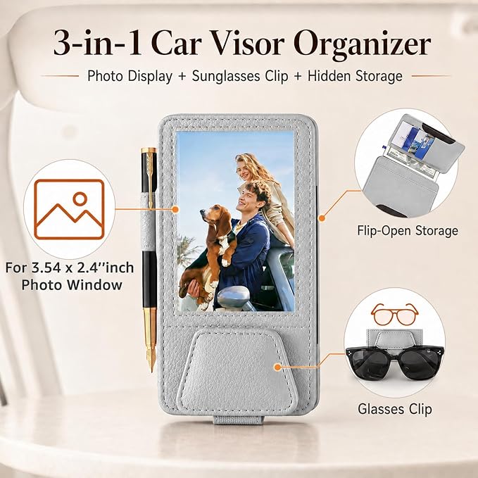 HOLDCY Car Visor Organizer with Registration Holder and Sunglasses Clip | Grey PU Faux Leather With Photo Window, Flip-Open Card Storage, Slim Profile And Tool-Free Setup; 1 Piece