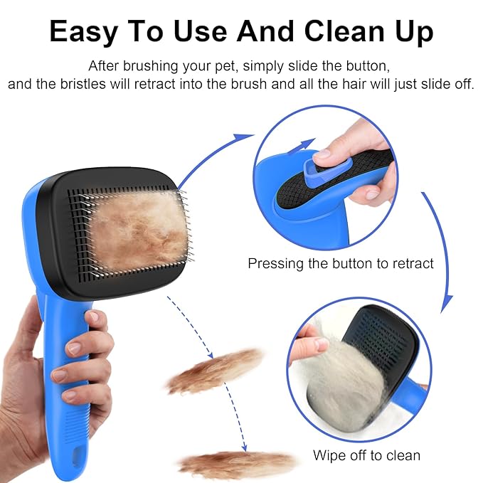 Self Cleaning Slicker Brush for Dog, Cat, Skin Friendly Shedding & Grooming Tool for Long and Short Haired Pets, Easy Clean Retractable Bristles, Blue