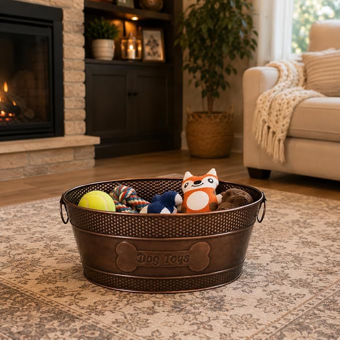 BREKX Copper Metal Pet Storage & Dog Toy Bin w/ Handles, Indestructible | Dog Toy Box • Galvanized Steel • Organizes Toys, Blankets & Leashes • Farmhouse Style