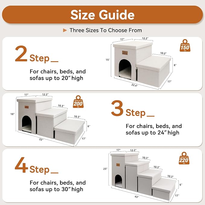 Zerbuger Dog Stairs with Storage, Beige 3 Steps Dog Ramp with Condo for Bed | 18" H Wider Dog Steps for High Beds Couch, Folding Storage Pet Stairs Gift for Climbing Small/Medium/Large Old Dogs Cats