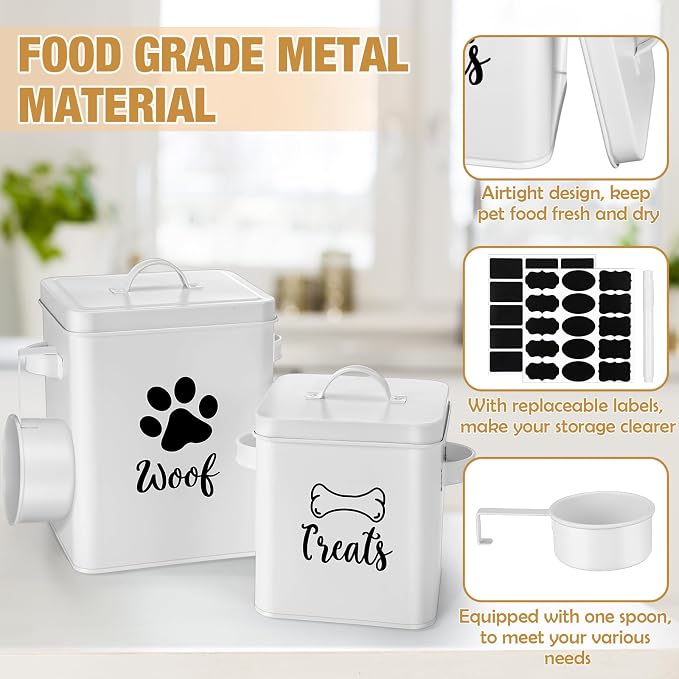 Teenyyou 2 Pcs Metal Dog Treat Containers with Airtight Lids and Spoon 7+3 Lbs Dog Food Snack Jars with DIY Labels Big Pet Cookie Storage Jar for Kitchen Counter (White)
