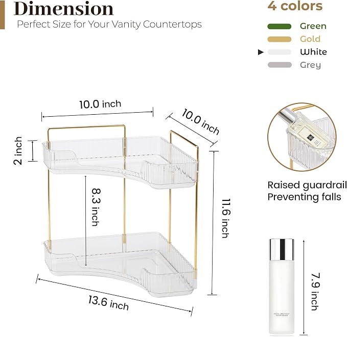 Aveniee Corner Bathroom Counter Organizer, Bathroom Countertop Shelf Makeup Organizer for Vanity Perfume Tray for Corner Storage (2 Tiers, White)