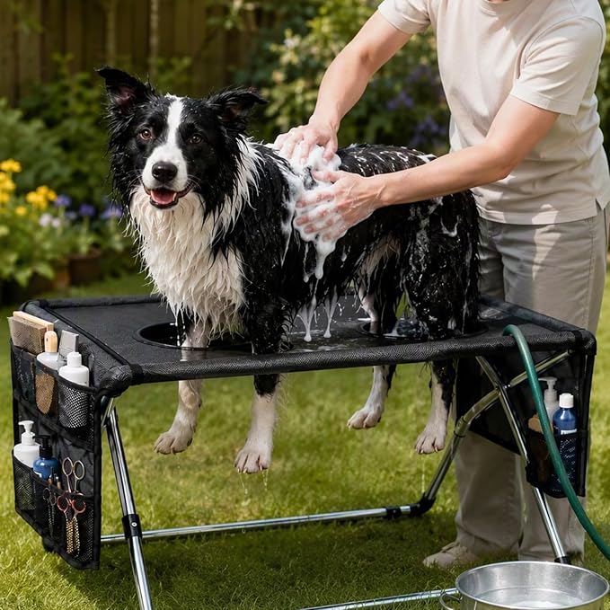 Foldable Dog Grooming Table, Pet Hammock with Stand for Small Dogs & Cats