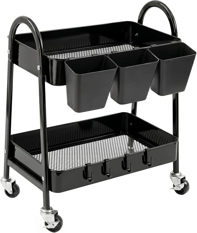 danpinera 2-Tier Rolling Cart, Utility Cart Mobile Metal Rolling Storage Cart with Lockable Wheels & Hanging Cups & Hooks for Kitchen, Bathroom, Office, Workshop, Purple