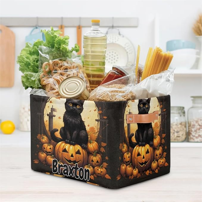 Custom Rectangular Baby Storage Basket, Kids Toys Bin, Books Shelf Basket, Clothes Towel Storage Bin for Nursery, Gift Basket, Pet Basket, Halloween Cat Pumpkins Maple Leaves