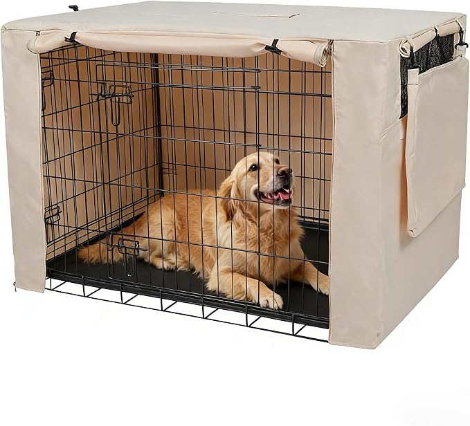 Deblue Dog Crate Cover, 48 Inches Durable Polyester Indoor Kennel Cover | Fit for 1 2 Doors Standard Wire Cage (Beige)