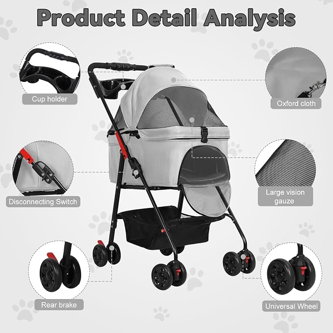 4 Wheels Pet Stroller,Dog and Cat Foldable Strollers, Removable Carrier, Breathable Mesh Canopy, Storage Basket and Cup Holder, Lightweight Travel Carrier, Pet Carrying Cart for Walks Outings Shoppin