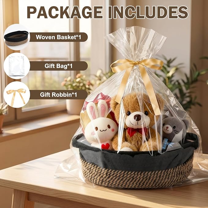 Basket for Gifts Empty, Small Woven Basket with Bags and Ribbons, Baby Toy Baskets with Handles, Wicker Storage Bin for Baby Showers or Pet Toy (Black & Brown, 1 Pack (12"x 8"x 3.74"))