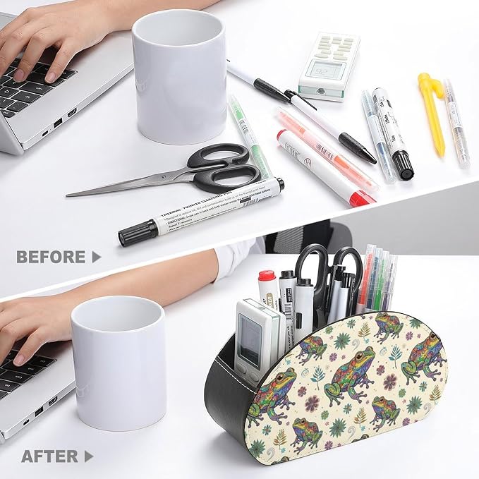 TV Remote Control Organizer Abstract Frog Caddy Box with 5 Compartment | Abstract Frog, PU Leather Desk Storage Bag Fits Controller, Makeup Brushes, Media Player, Office Supplies