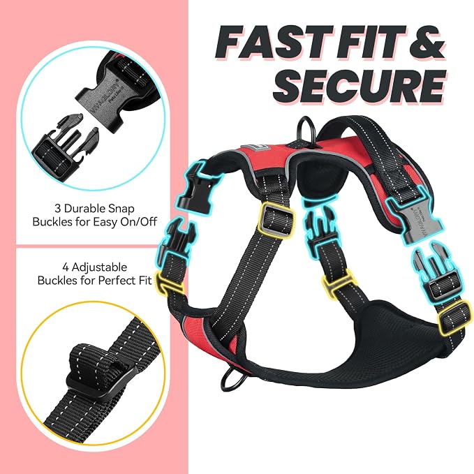 VIVAGLORY No Pull Dog Harness Vest Harness, M, Red - Plain | with Handle Front and Back Clip for Training & Pulling, No Pull & Escape Proof Padded Adjustable for Pet Puppy
