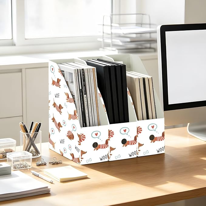 SPRIPORT Cute Pets Dogs White Pattern Water Resistant PP Magazine File Holder Organizer for Desk, Collapsible Storage Rack for School Library Office Document Sorter with Labels 23x30x10cm (3 Pack)