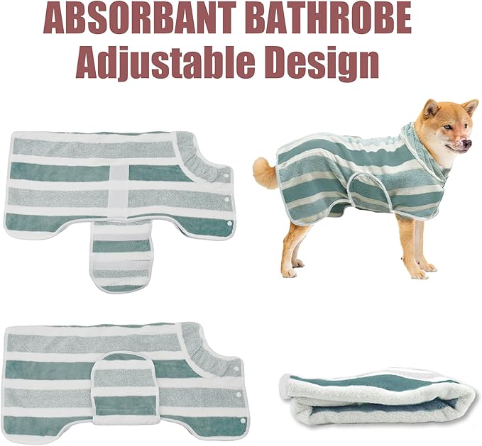 Fast Drying Dog Bath Robe, Super Absorbent Stripes Dogs Towel, Adjustable Warm Keeping Pet Puppy Bath Supplies (Green, S)
