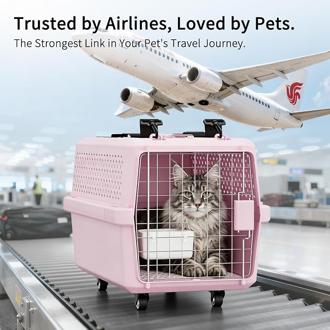 Hard-Sided Carrier: Opening Top Rolling Crate Ventilated 25 lbs | Smooth-Rolling Wheels & Pull Strap / Top Access Door / Spacious Interior / 360° Ventilation / Includes Feeding Bowl