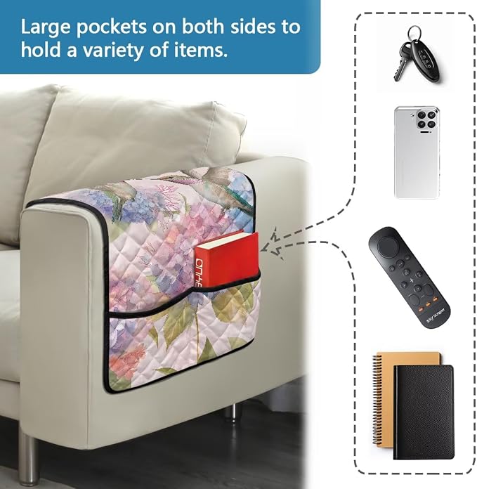 Hummingbird Floral Stretch Armrest Covers Couch Arm Cover Non-Slip Arm Rest Covers with 2 Pockets Armchair Slipcovers for Recliner Furniture Protector Home Decor