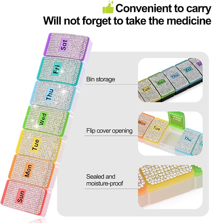 Diamond Weekly Pill Organizer Arthritis Friendly, BPA Free Travel 7 Day Pill Box Case and Large Compartment to Hold Vitamins, Cod Liver Oil, Supplements and Medication (Black)