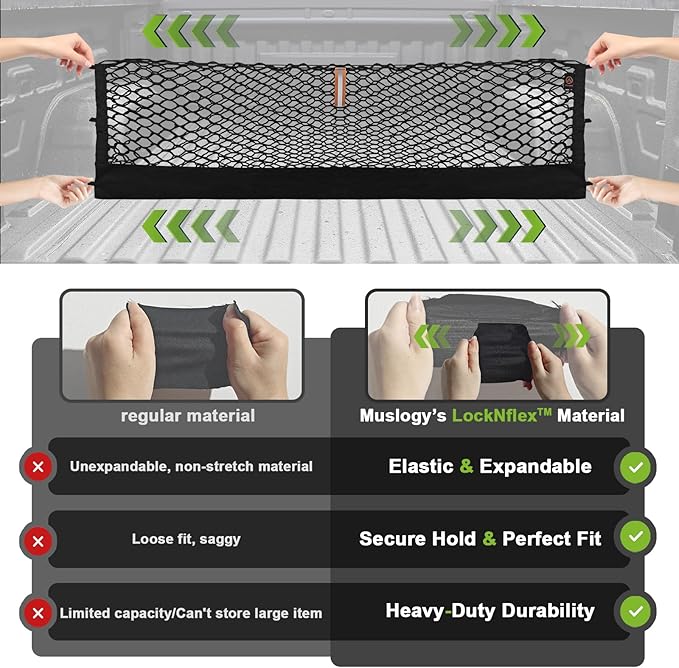 Muslogy Cargo Net for 2013-2026 Chevy Silverado GMC Sierra 1500/2500/3500HD | Custom Fit, Truck Bed Storage Organizer Net for Pickup Truck Bed Divider, Heavy Duty Carabiners, Night Visible Grab Handle