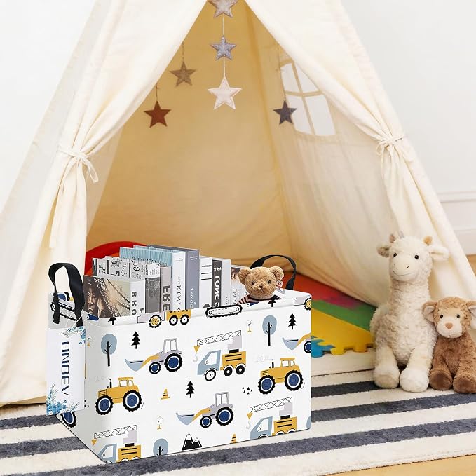 Rectangular Storage Bin, Foldable Construction Truck Excavator Basket | Damp-proof canvas with reinforced stitched handles.Great for clothes,books & sundries in closets,playrooms,laundry rooms.