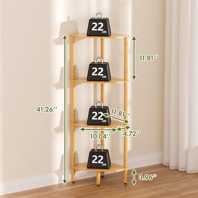 Corner Shelf Stand, 4 Tier Bamboo Corner Organizer, Narrow Tall Bookcase, Corner Shower Caddy, Plant Display Shelf, Open Storage Shelves for Living Room, Kitchen, Office, Balcony, Bathroom