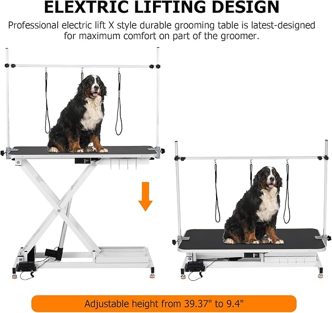 50" Electric Dog Grooming Table, 9"-40" Height Adjustable Heavy Duty Pet Grooming Table with Anti Slip Tabletop, 3 Grooming Noose, Tool Organizer, for Dogs & Cats, White