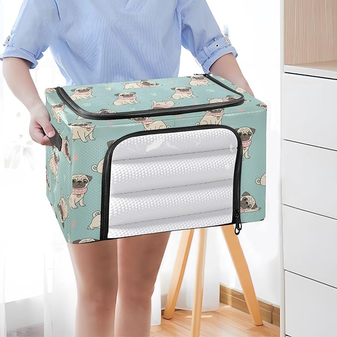 Cute Pets Pug Teal print Under Bed Storage Containers with Double Zipper Openings, Foldable Clothes Storage Bins with Clear Window and Handles for Comforters Bedding Blankets