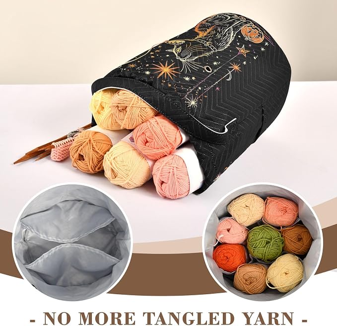 Fustylead Halloween Black Cat and Stars Moon Pumpkin Crochet Drawstring Organizer, Large Yarn Bag Storage Tote Basket for Crocheting On The Go, Kit Holder, Gift for Knitter, Crochet Beginner
