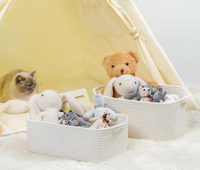 CubesLand Woven Rope Storage Basket for Laundry, Toys Organizing, Nursery | Organizer Basket for Book Clothes Shoes Bedroom Home & Living Room Decor, with Durable Handle, Rectangular 14x10x7.08IN White